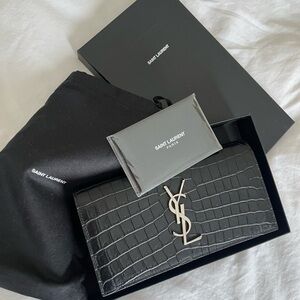 Saint Laurent Black Croc Embossed Wallet with Silver Logo